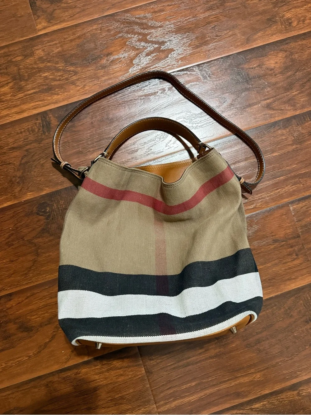 Burberry Brown Leather-Trim Canvas Tote with Red Accent